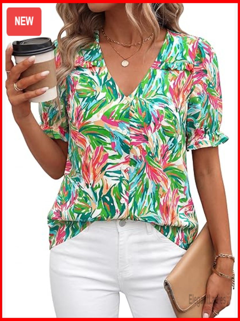 V Neck Puff Sleeve Floral Button Down Blouse Boho Casual Tops